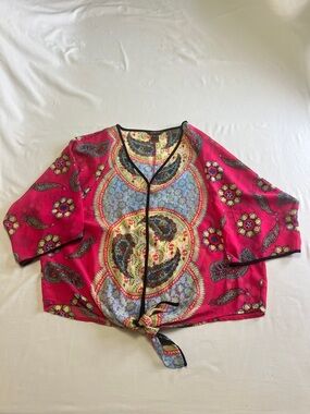 Multiples Yellow Paisley Floral Blouse with Pink and Blue Accents